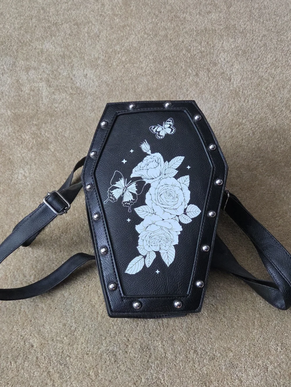 Black Coffin-Shaped Crossbody Bag with White Rose & Butterfly Print